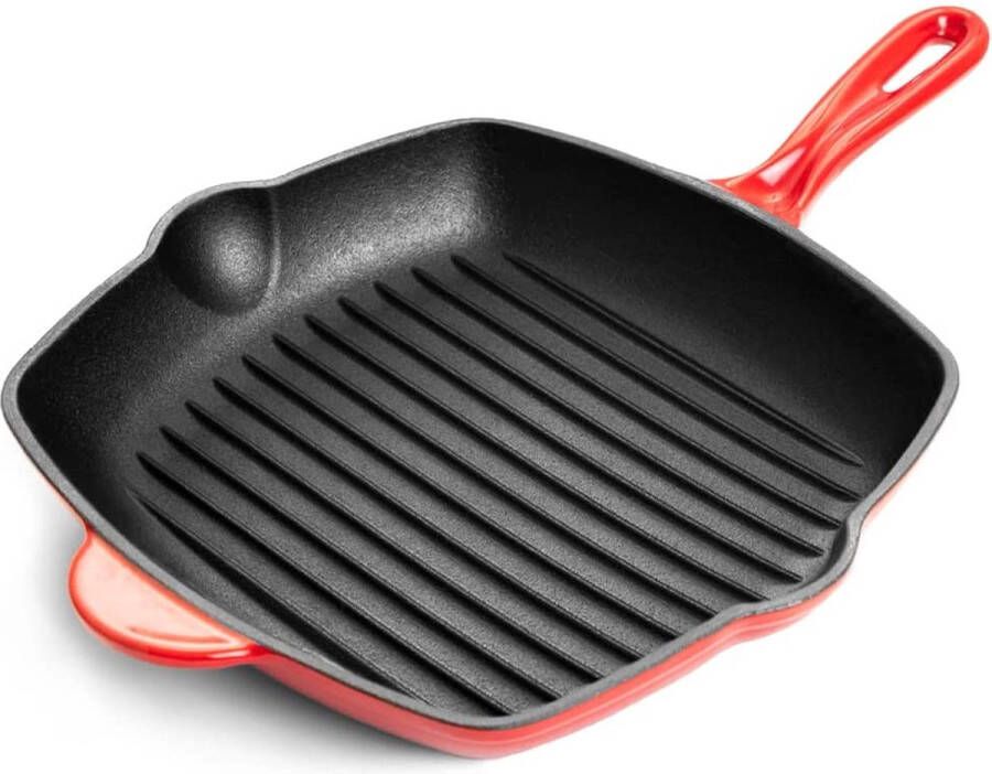 Nuovva Pre Seasoned Gietijzeren Grillpan Steakpan Rood Vierkant met Schenktuit 28cm Alle warmtebronnen Elektrisch Gas Halogeen Inductie Keramisch