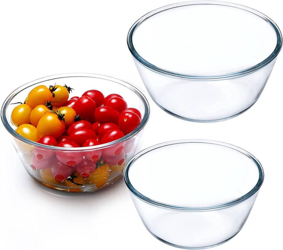 NUTRIUPS 3-delige set glazen kommen set transparante mengkommen slakom glas ronde glazen kommen voor in de keuken (1L + 1.6L + 2.1L)