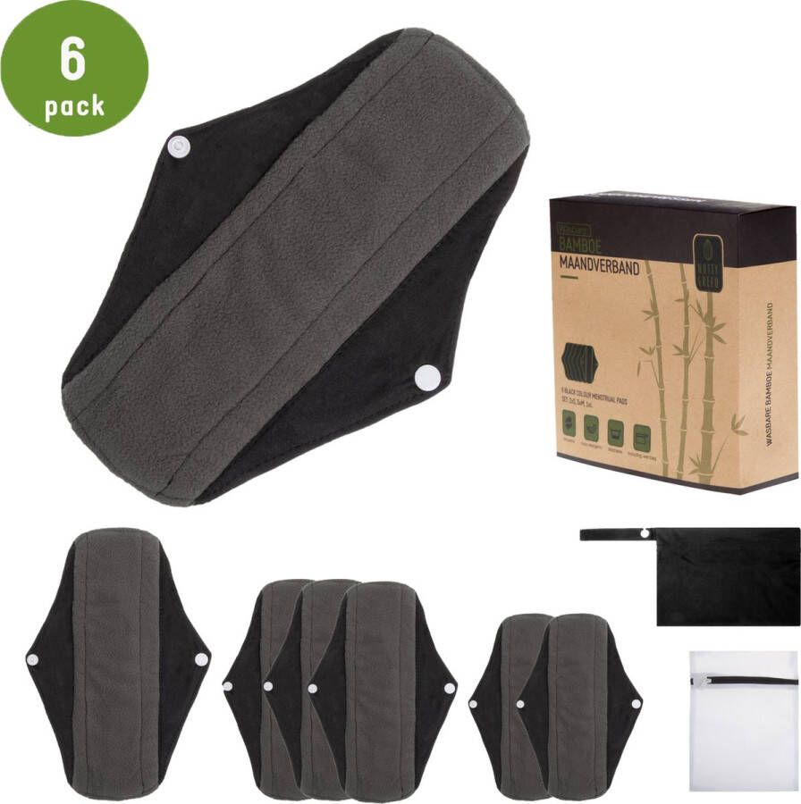 Nutty Green Herbruikbare Bamboe Maandverband (6 stuks) Inclusief Gratis Wetbag Gemaakt van 90% Bamboo en 10% Katoen met Waterdichte PUL-Laag en Charcoal Filter Behoud PH-waarde en Neutraliseert Nare Geurtjes Zero Waste Lifestyle Project