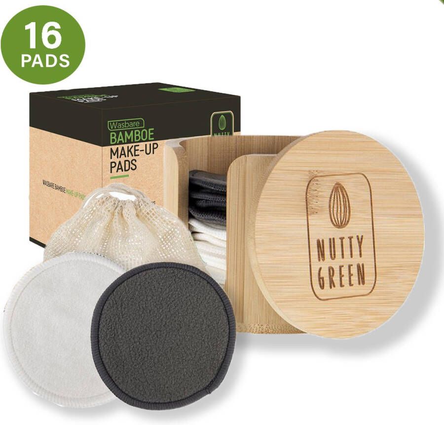 Nutty Green Hypoallergeen Bamboe Wattenschijfjes (16 stuks) Inclusief Bewaarpot en Gratis Wasnetje Gezichtsreiniging Set Herbruikbare en Wasbare Wattenschijf Make Up Remover Pads Basic Watjes Charcoal Watten Zero Waste Lifestyle Project