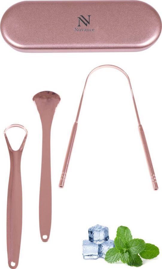 Nuvance Professionele Tongschraper 3 in 1 Set voor Mondverzorging Tongreiniger Tong Schraper Tongue Scraper RVS Rose
