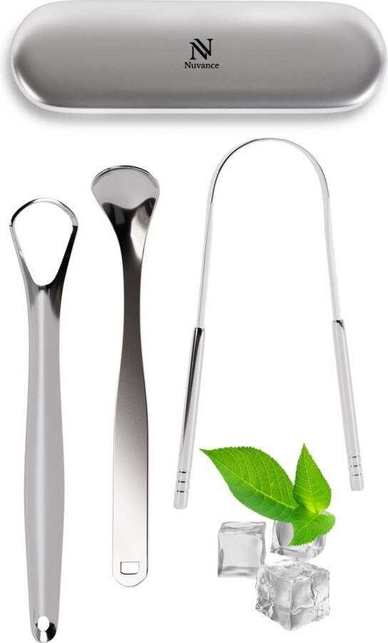 Nuvance Professionele Tongschraper 3 in 1 Set voor Mondverzorging Tongreiniger Tong Schraper Tongue Scraper RVS