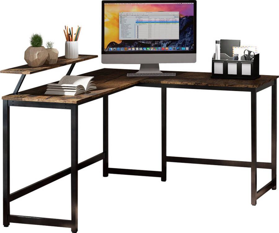 Nuvolix hoekbureau bureau met opzetstuk L-vormig Hout Bruin 140*130*76CM