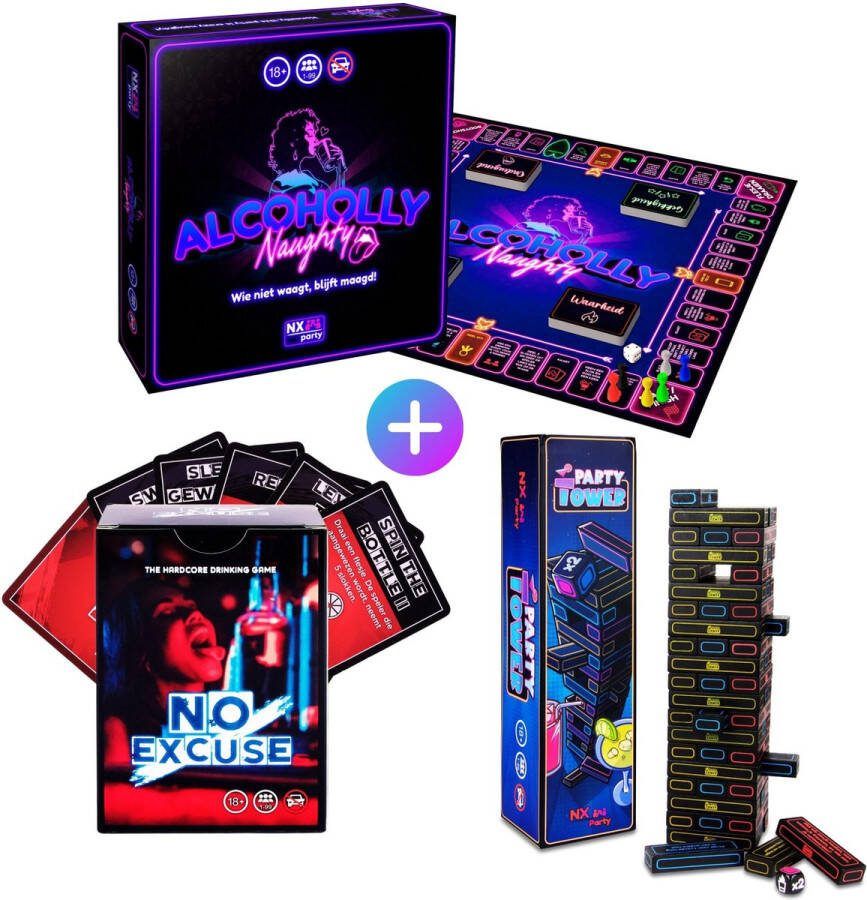 NX Party Bundel ~ ALCOHOLLY NAUGHTY + PARTY TOWER + NO EXCUSE! Drankspel Bordspel Nederlandstalig Spelletjes voor volwassenen Drank spelletjes Kaartspel Drunken Tower Partygame partyspel