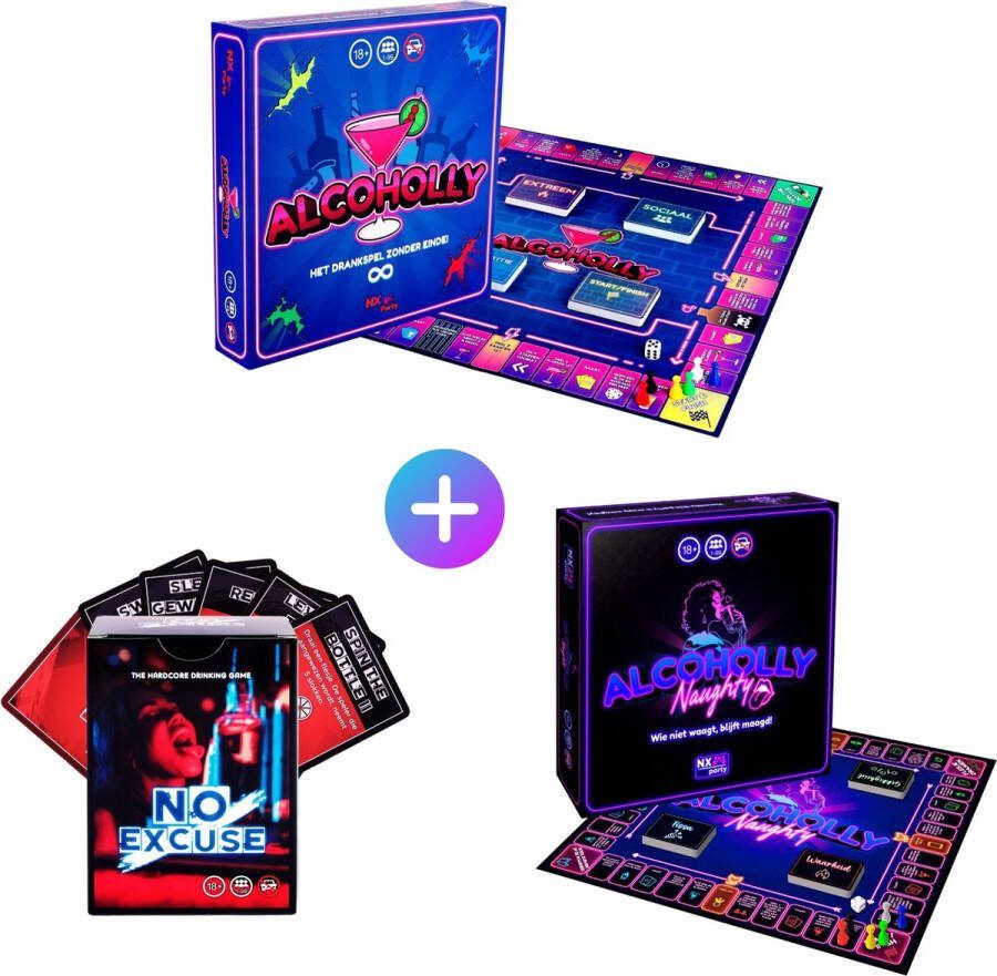 NX Party bundel ALCOHOLLY + NO EXCUSE! + ALCOHOLLY NAUGHTY Drankspellen Nederlandstalig Bordspel Kaartspel Drunken tower Spelletjes voor volwassenen Drank spelletjes Partyspellen Partygames