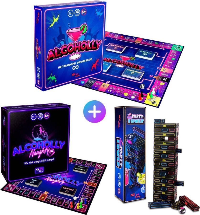 NX Party bundel ALCOHOLLY + PARTY TOWER + ALCOHOLLY NAUGHTY Drankspellen Nederlandstalig Bordspel Kaartspel Drunken tower Spelletjes voor volwassenen Drank spelletjes Partyspellen Partygames