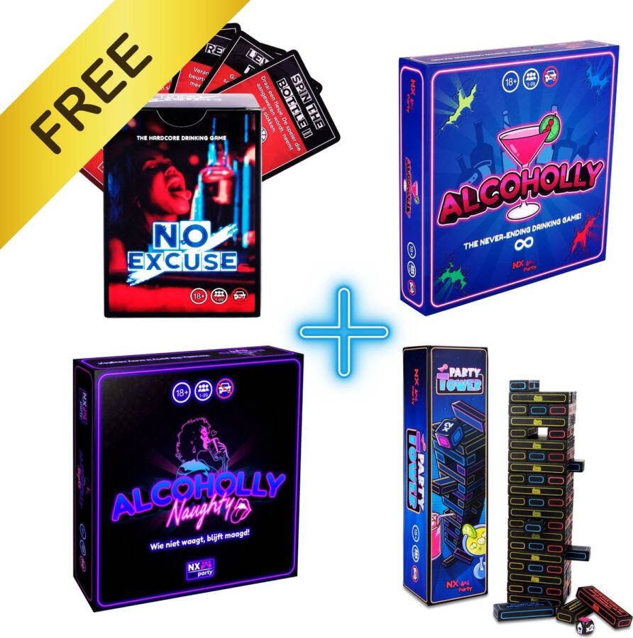 NX Party Bundel XL + GRATIS DRANKSPEL! Alcoholly + No Excuse (GRATIS!) + Party Tower + Alcoholly Naughty Drankspel Partyspel Bordspel Nederlandstalig Spelletjes voor volwassenen Drank spelletjes Drinkopoly Kaartspel Drunken Tower