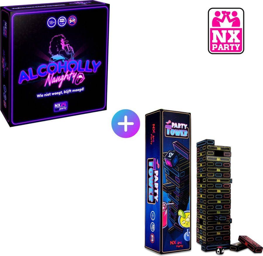NX Party Duo ~ ALCOHOLLY NAUGHTY + PARTY TOWER Drankspellen Nederlandstalig Bordspel Spelletjes voor volwassenen Drank Spelletjes Party Spellen Party Games