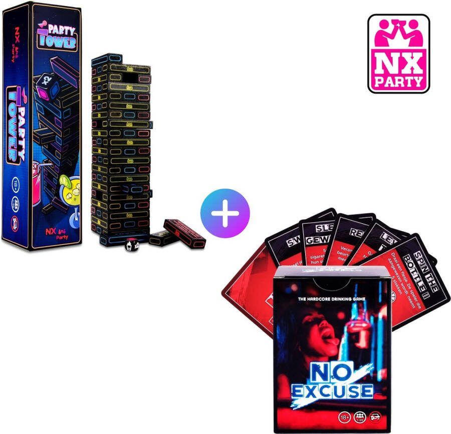 NX Party DUO ~ NO EXCUSE! + PARTY TOWER Drankspellen Nederlandstalig Kaartspel Drunken tower Spelletjes voor volwassenen Drank spelletjes Partyspellen Partygames