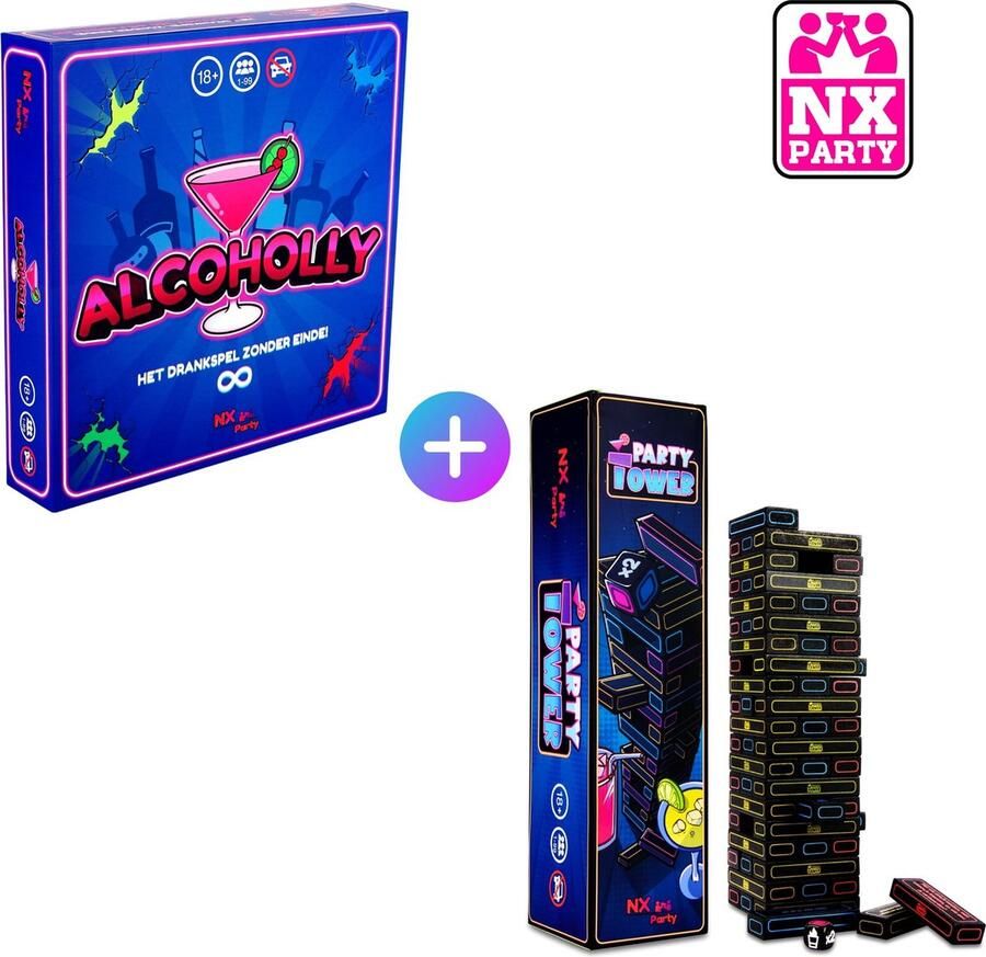 NX Party DUO ~ ALCOHOLLY + PARTY TOWER Drankspellen Nederlandstalig Bordspel Spelletjes voor volwassenen Drank spelletjes Drunken Tower Drinkopoly Party Spellen