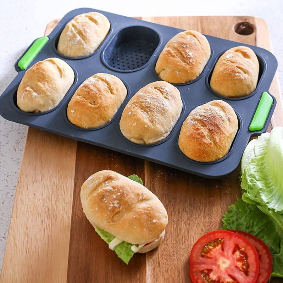 Nytlivet Broodbakvorm bakvorm voor 8 broodjes siliconen bakplaat met antiaanbaklaag baguette bakplaat (met heerlijke knapperige korrels) (zwart-groen siliconen)