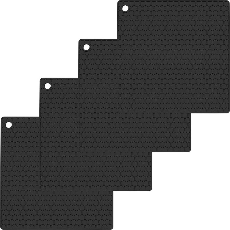 O-ishii Set van 4 siliconen potschotels vierkante pannenlappen hittebestendig tot 230 °C (zwart)