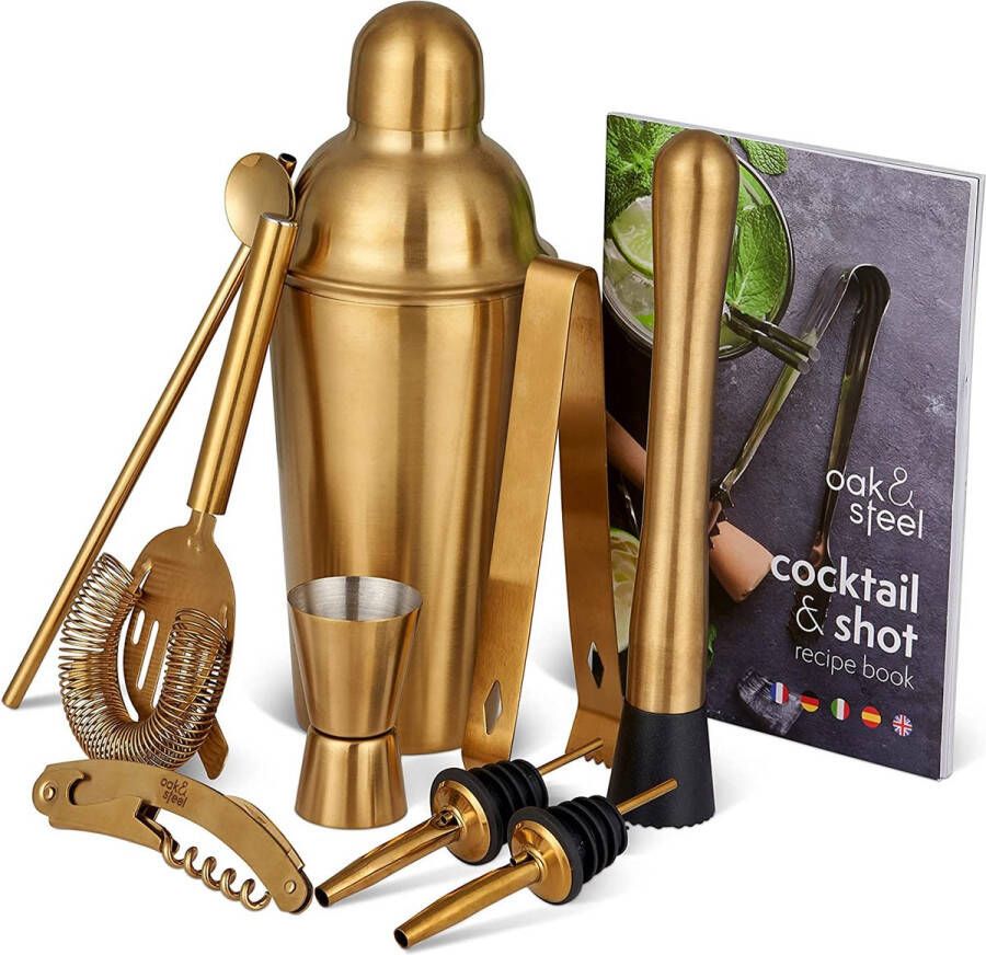 Oak & Steel 10-Delige Gouden Cocktail Set Complete Geschenkset met Roestvrijstalen Cocktailshaker Schenktuit Muddler en Meer