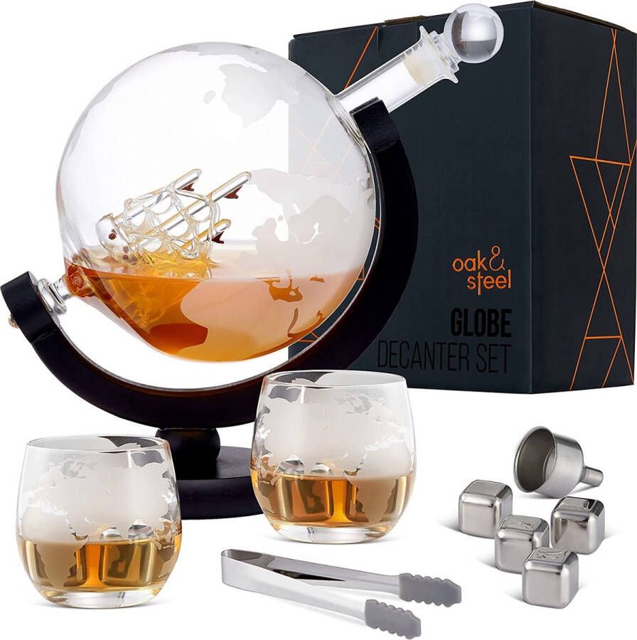 Oak&Steel Oak & Steel Globe Whisky Karaf Whiskey Decanter (XL 1500ml) met 2 Whisky Glazen 4 Roestvrijstalen Whiskystenen 1 Ijstang & Meer Verjaardags- en Valentijnscadeau voor Mannen