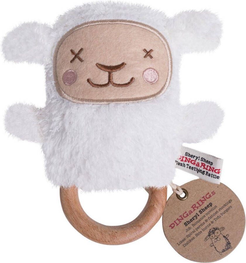 O.B. Designs pluche rammelaar schaap Sheryl op bijtring wit