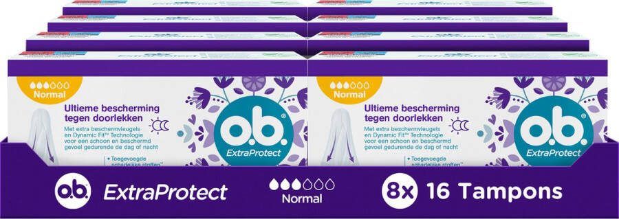 O.b. ExtraProtect Normal tampons voor gemiddelde tot zwaardere menstruatiedagen met Dynamic Fit-technologie en extra beschermende vleugels voor de ultieme bescherming tegen lekken (8 x 16 stuks)