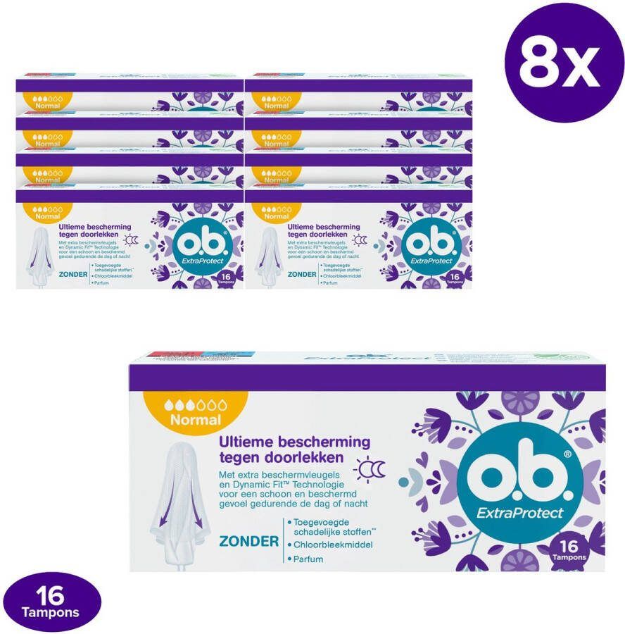 O.b. o.b. ExtraProtect Normal tampons voor gemiddelde tot zwaardere menstruatiedagen met Dynamic Fit-technologie en extra beschermende vleugels voor de ultieme bescherming tegen lekken 6 x 16 stuks