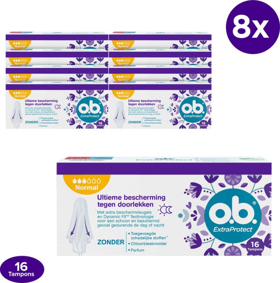 O.b. ExtraProtect Normal tampons voor gemiddelde tot zwaardere menstruatiedagen met Dynamic Fit-technologie en extra beschermende vleugels voor de ultieme bescherming tegen lekken (8 x 16 stuks)