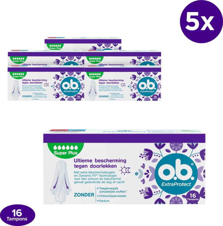 O.b. ExtraProtect Super Plus tampons voor zeer zware menstruatiedagen met Dynamic Fit-technologie en extra beschermende vleugels voor de ultieme l bescherming tegen lekken 5 x 16 stuks