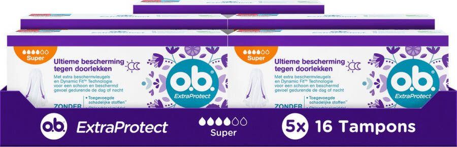 O.b. ExtraProtect Super tampons voor zwaardere menstruatiedagen met Dynamic Fit-technologie en extra beschermende vleugels voor de ultieme bescherming tegen lekken 5 x 16 stuks