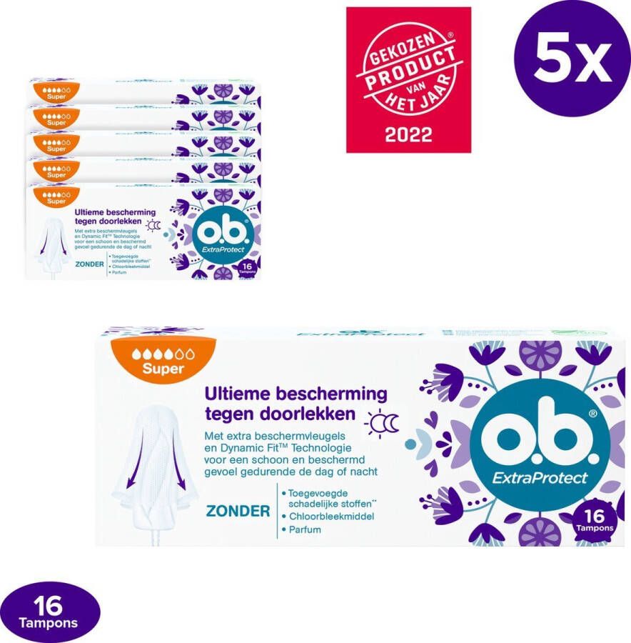 O.b. ExtraProtect Super tampons voor zwaardere menstruatiedagen met Dynamic Fit-technologie en extra beschermende vleugels voor de ultieme bescherming tegen lekken 5 x 16 stuks