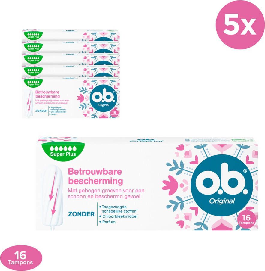 O.b. Original Super Plus tampons voor zeer zware menstruatiedagen met StayDry- technologie en gebogen groeven voor betrouwbare bescherming en een schoon gevoel 5 x 16 stuks