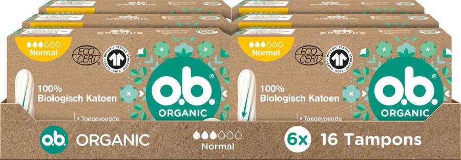 O.b. Organic Normal biotampons voor gemiddelde tot zwaardere menstruatiedagen uit 100% biokatoen met gebogen groeven voor een betrouwbare en natuurlijke bescherming 6 x 16 stuks