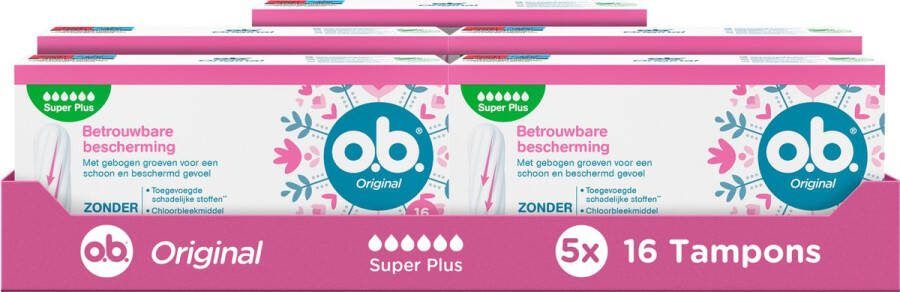O.b. Original Super Plus tampons voor zeer zware menstruatiedagen met StayDry- technologie en gebogen groeven voor betrouwbare bescherming en een schoon gevoel 5 x 16 stuks