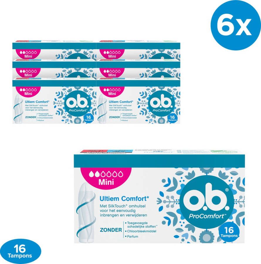 O.b. ProComfort Mini tampons voor de lichte tot normale menstruatiedagen met Dynamic Fit-technologie en SilkTouch oppervlak voor ultiem comfort en betrouwbare bescherming 6 x16 stuks
