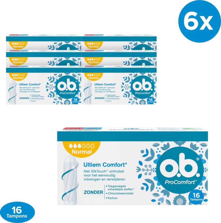 O.b. ProComfort Normal tampons voor de gemiddelde tot zware menstruatiedagen met Dynamic Fit-technologie en SilkTouch oppervlak voor ultiem comfort en betrouwbare bescherming 6 x 16 stuks