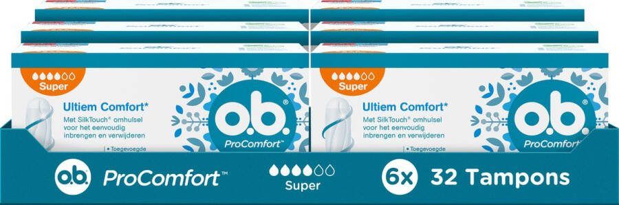 O.b. ProComfort Super Tampons voor de zwaardere menstruatiedagen met Dynamic Fit-technologie en SilkTouch oppervlak voor ultiem comfort en betrouwbare bescherming 6 x 32 stuks
