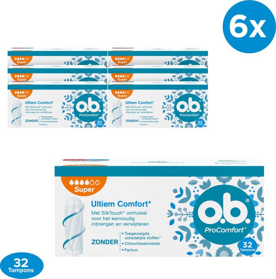 O.b. ProComfort Super Tampons voor de zwaardere menstruatiedagen met Dynamic Fit-technologie en SilkTouch oppervlak voor ultiem comfort en betrouwbare bescherming 6 x 32 stuks