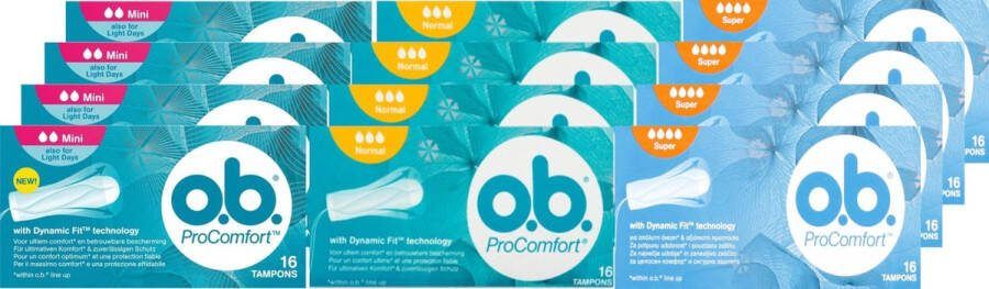 O.b. O.B. Tampons Pro Comfort Grootverpakking MIX Mini Normaal Super 12 Pakken Totaal 192 Stuks