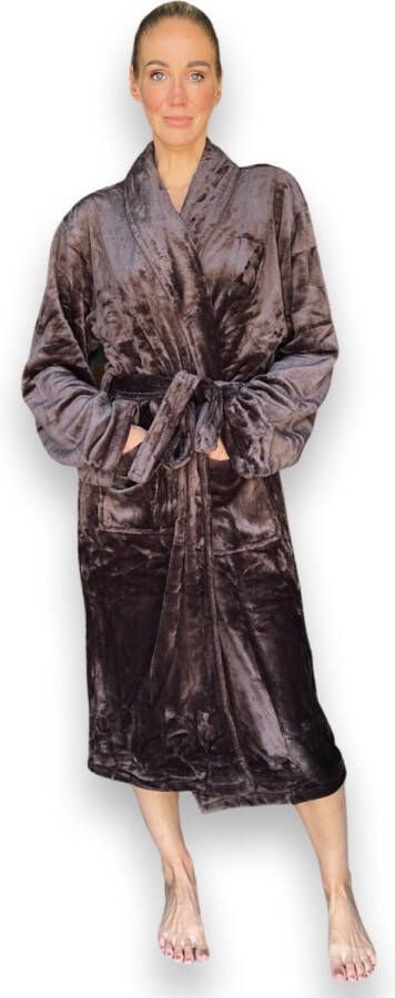 OCH Badjas bruin fleece badjas dames en heren badjas voor hem & haar sjaalkraag opgestikte zakken & ceintuur ultrazacht & warm M