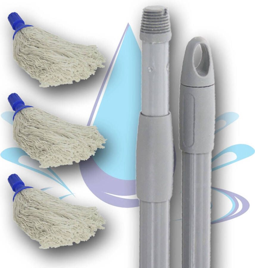 Octoclean.nl 3x Spaanse mop inclusief dweilstok | Professionele kwaliteit | 1 Telescoopsteel 150cm met 3 minimoppen 250 gram