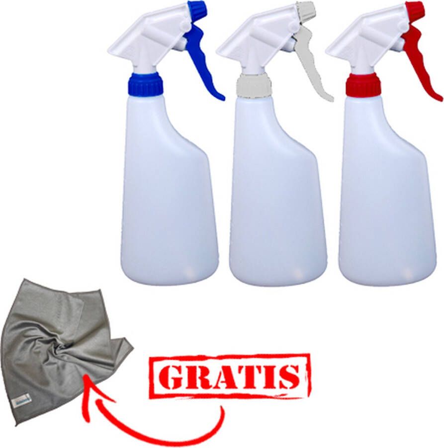 QleaZy Set van 3 Plantenspuiten Sprayflacon Spray bottle sprayfles blauw wit rood Canyon Plantenspuit GRATIS DIKKE KWALITEIT GLASDOEK