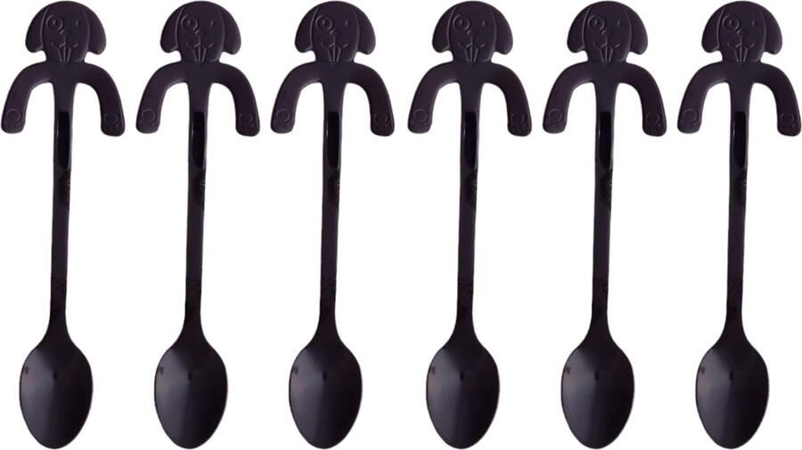 ODaani 6x Theelepels Hangende hond Koffielepel RVS Zwart