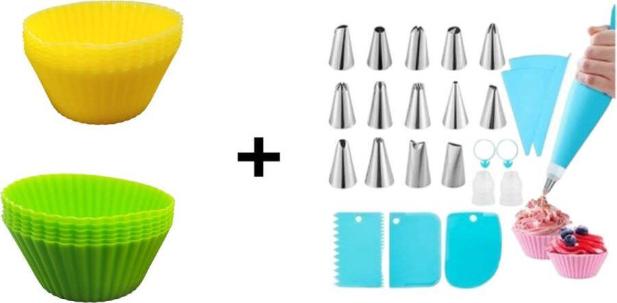 ODaani spuitzak met spuitmondjes spuitzak herbruikbaar taart decoratie set inclusief 3 deegschrapers + 12 cupcake vormpjes silicone blauw + groen
