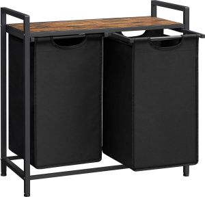 O'DADDY O DADDY Wasmand 2 vakken – wassorteerder uitschuifbaar met plank 73 x 33 x 72 cm – wasmand met uitneembare zakken en klittenband sluiting 112L verdeeld over 2 zakken – wasmanden – wasmand zwart metaal bruin hout