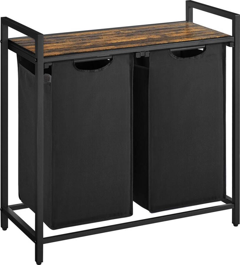 O'DADDY Wasmand 2 Vakken – Uitschuifbare Wassorteerder met Plank 73 x 33 x 72 cm Wasmanden Wasbox Metaal Zwart met Bruin