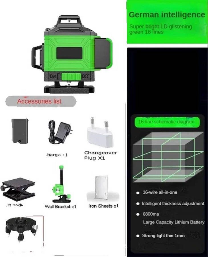 OEM Groene Laser Waterpassen Zelfnivellerend 360° Horizontaal en Verticaal Kruis. Groen 16 Lijn (B)