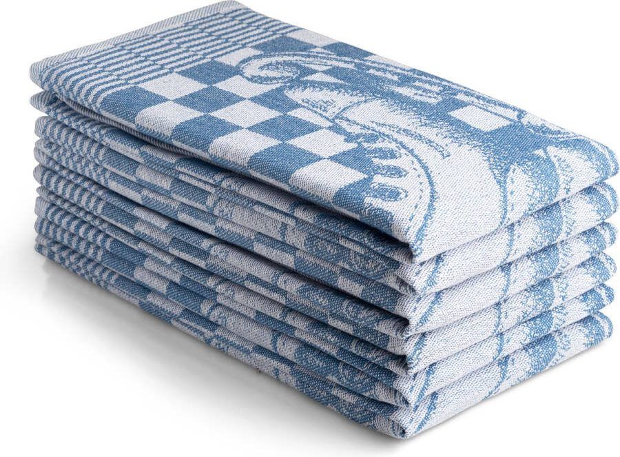 Oerhollands Luxe theedoeken 6 stuks 60x65 patroon blok schaatsen licht blauw