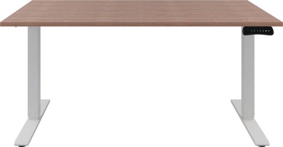 Offeco Zit sta Bureau Verstelbaar bureau 140 x 80 cm Havanna bureaublad Wit onderstel 2 motoren