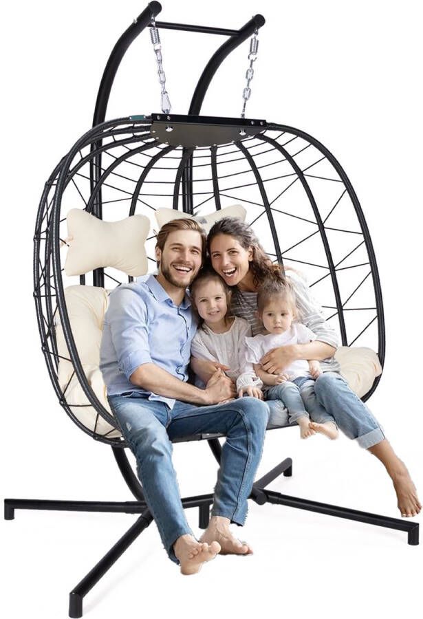 Ogarden Dubbel Hangstoel Helsinki 2 Persoons Schommelstoel Hangstoel voor binnen en buiten zwarte wicker Touw Zwart frame Crème Wit Kussens 220 KG Beslastbaar