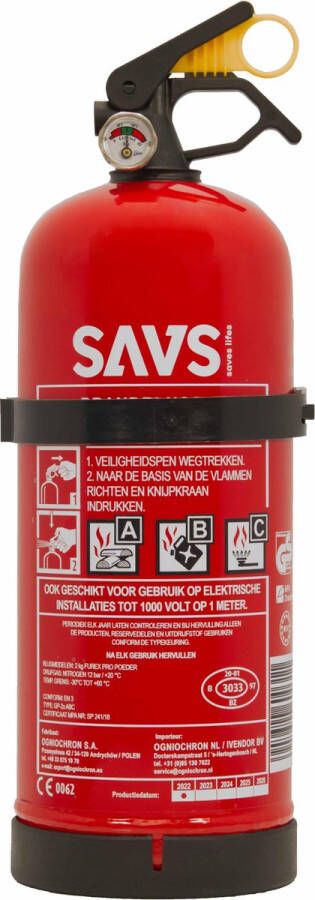 OgniochronSavs Saves Lifes SAVS Brandblusser poeder 2 kg 13A 89B Met montagebeugel Ook voor auto boot caravan of camper Poederblusser