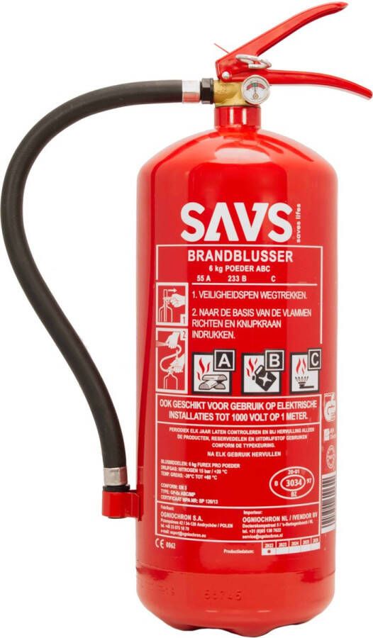 OgniochronSavs Saves Lifes SAVS Brandblusser poeder 6 kg 55A 233B Met montagebeugel Geproduceerd in Europa Poederblusser