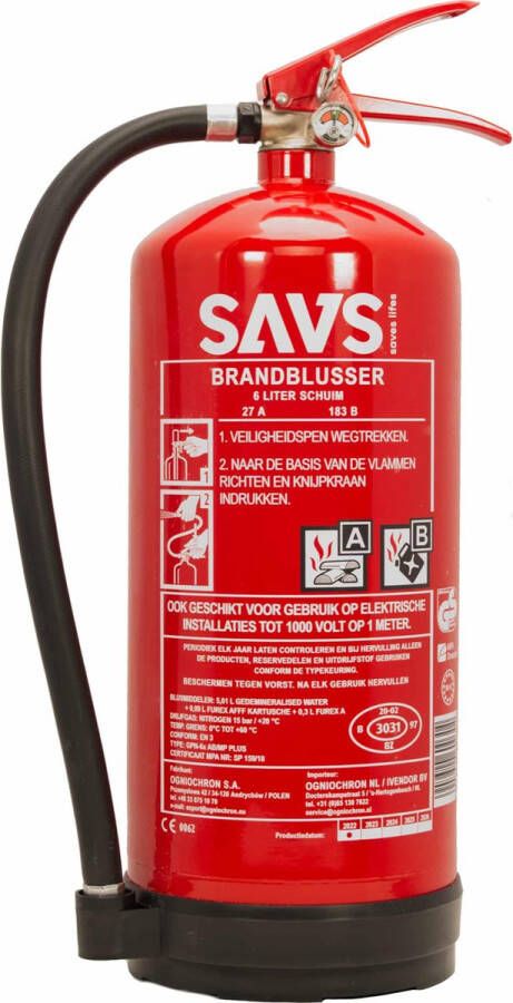 OgniochronSavs Saves Lifes SAVS Brandblusser schuim 6 liter 27A 183B Met montagebeugel Fluor en PFAS vrij Schuimblusser