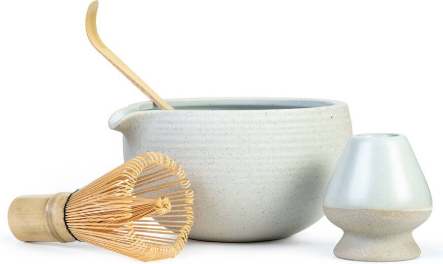 Oliva's Luxe vierdelige Matcha thee set Bamboe klopper garde (100 borstels prongs) lepel mengkom en garde-houder van keramiek (cadeau-set)