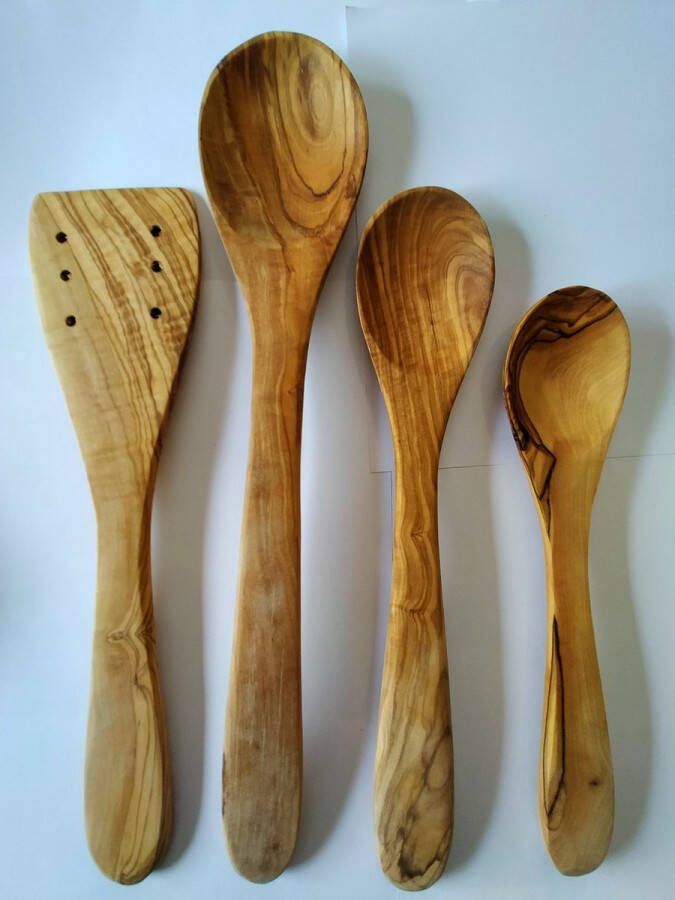 Olivenholz Erleben Set van 3 olijfhouten kooklepels en spatel handwerk krasbestendig duurzaam houten lepels pollepels spatels voor keuken