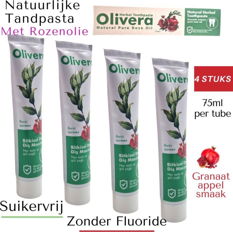 Oliver Natuurlijke Tandpasta Voordeelverpakking Zonder Fluoride Paraben en suikervrij Granaatappelsmaak 4x75ml